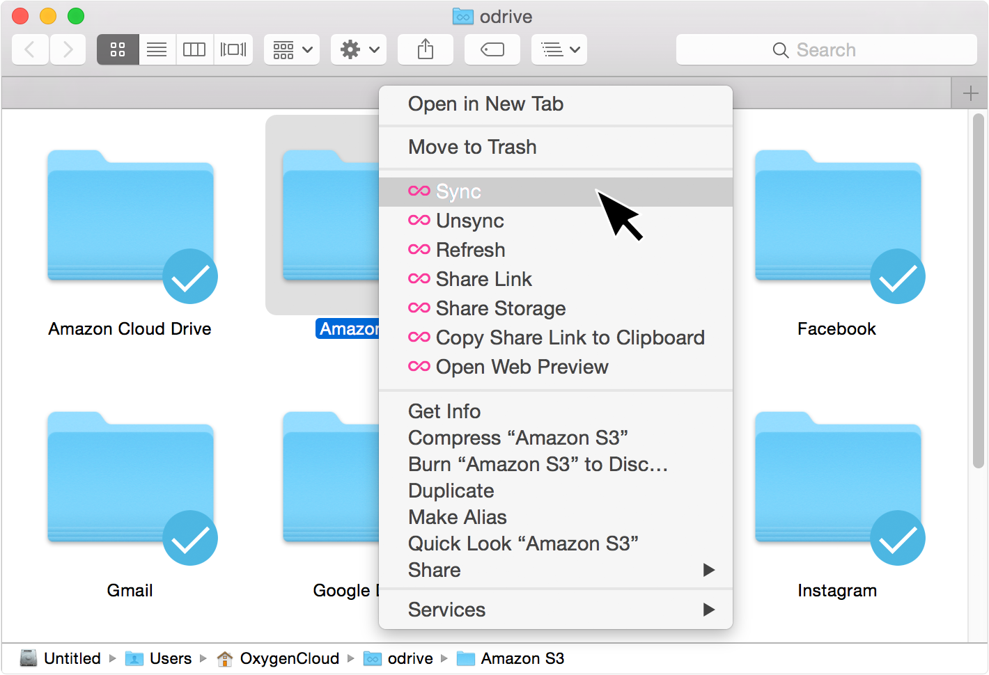 Right-click any folder in your finder to reveal odrive options