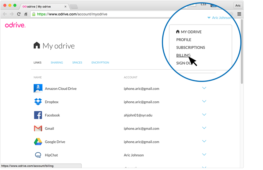Access your odrive account information from the top right