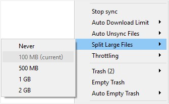 Set the size you wish to split large files in the tray menu